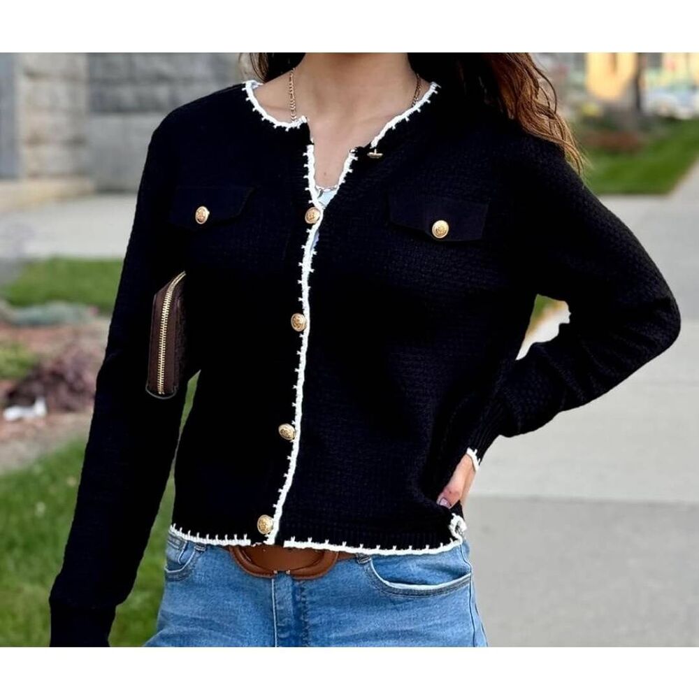 Grace Karin Black Sweater with White Edging and Gold Buttons